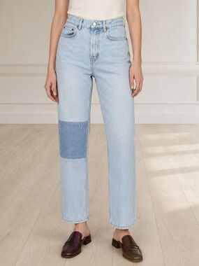 Reformation Cynthia Patch Jeans Size 26 Tahoe High Rise Straight Leg Light Wash
